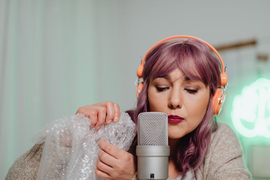 A woman with purple hair performs ASMR using bubble wrap and a microphone.