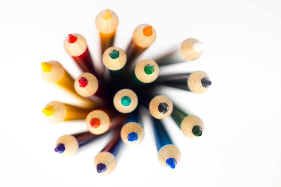 Top view of brightly colored pencils arranged in a circular pattern on a white background.