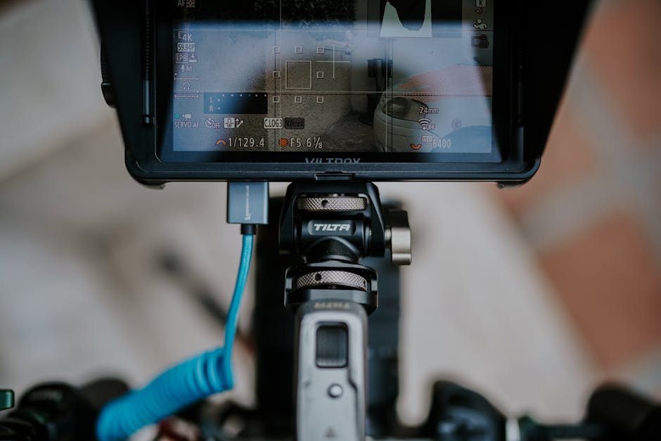 Close-up of a camera setup with a Viltrox monitor screen displaying settings and footage, emphasizing digital filmmaking tools.